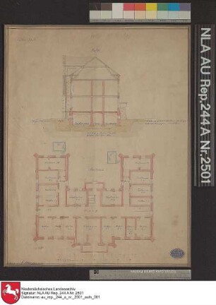 Profil und Souterrain vom Sethe-Stift in AURICH Kolorierte Zeichnung von NN. Papier Format 36,8x47,8 M 1:130