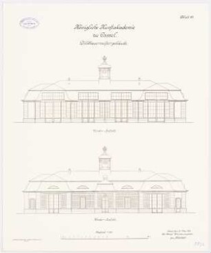 Kunstakademie, Kassel Bildhauerschülergebäude: Vorderansicht und Hinteransicht 1:100