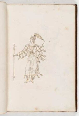 Kriegerin mit Pfeil und Helm, in: Equestrium statuarum [...] formae [...] artificiosissime pictis, Bl. 35