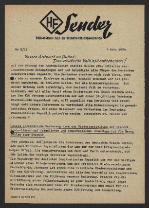 'HF-Sender' [Flugblatt], Nr.12/1954 (4. Februar 1954)