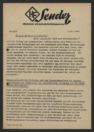 'HF-Sender' [Flugblatt], Nr.12/1954 (4. Februar 1954)