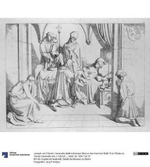 Genovefa stirbt mit einem Blick in den Himmel. Blatt 15 zu "Bilder zu Tiecks Genovefa von J. Führich"