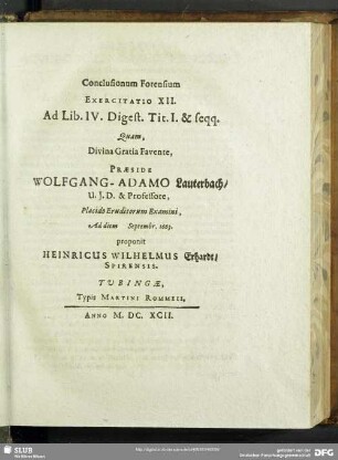 Conclusionum Forensium Exercitatio XII.. Ad Libr. IV. Digest. Tit. I. & seqq.