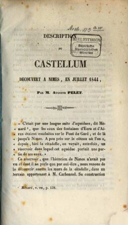 Description du Castellum decouvert à Nimes, en juillet 1844