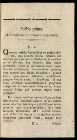 Sectio prima. De Emolumentis Infitionis variolarum