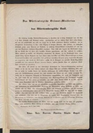 Das Württembergische Gesammt-Ministerium an das Württembergische Volk