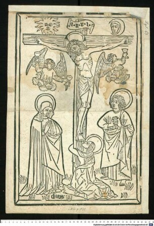 Jesus am Kreuz, darunter zwei Engel, die in Kelchen das Blut aus den Wunden auffangen, außerdem Maria, Johannes und Maria Magdalena (?), darüber Sonne und Mond
