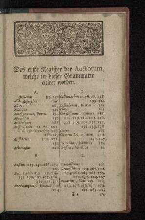 Das erste Register der Auctorum, welche in dieser Grammatic citiret worden.