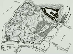 Meißen, Grundriß der mittelalterlichen Stadt mit den verschiedenen Siedlungsbereichen