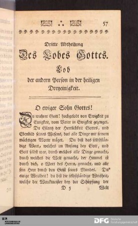 Dritte Abtheilung Des Lobes Gottes. Lob der andern Person in der heiligen Dreyeinigkeit.