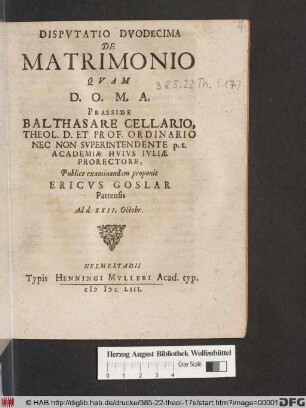 Disputatio Duodecima De Matrimonio