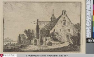 [Eine Dorfkirche; Village church on the bank of a river]