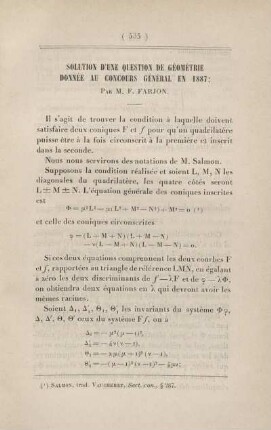 Solution d'une question de géométrie donnée au concours général en 1887.