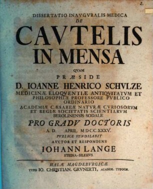 Dissertatio inauguralis medica de cautelis in mensa