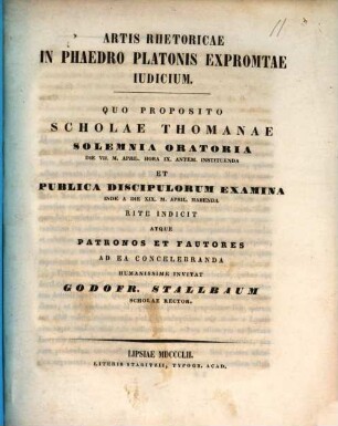 Oratio qua ad sacra anniversaria Scholae Thomanae ... celebranda ... invitat. 1852