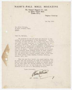 Brief von Oliver Robinson, Nash´s-Pall Mall Magazine, London an Erich Salomon