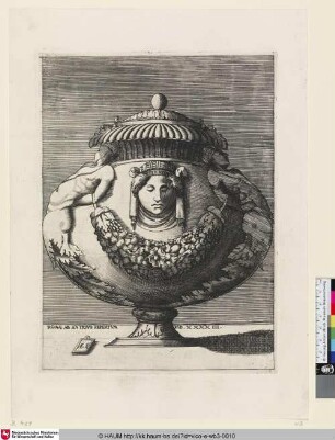 [Vase, dont le corps est orné de chaque côté d'un homme qui se termine en rinceaux; Vase the Figures, Rinceaux and Festoons; Vase mit Figuren, Laubwerk und Girlanden]