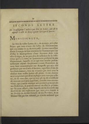 Seconde Lettre, de M. l`Archevêque Duc de Reims résponse de M. l`Evêque d`Amiens.