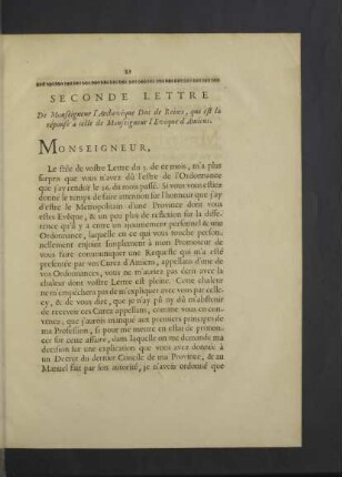 Seconde Lettre, de M. l`Archevêque Duc de Reims résponse de M. l`Evêque d`Amiens.