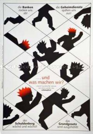 Plakataufruf zur Wachsamkeit gegenüber Geldinstituten und staatlichen Übergriffen und zur Verteidigung der Grundrechte