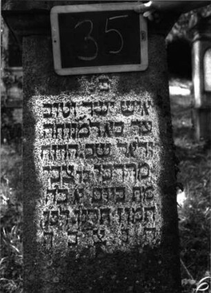 Grabstein 35 (Index: 100100954) Material: Kalkstein Zustand: verwittert Maße HxBxT: 140x43x20 cm Beschreibung: Stele, Sockel, Abdeckplatte mit Palmettenaufsatz Symbolik: Palmette Besonderheit: eingemeißelte Nummer: 22: Grabstein 35A