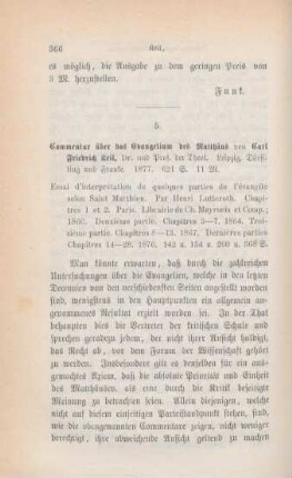 366-376 [Rezension] Keil, Carl Friedrich, Commentar über das Evangelium des Matthäus