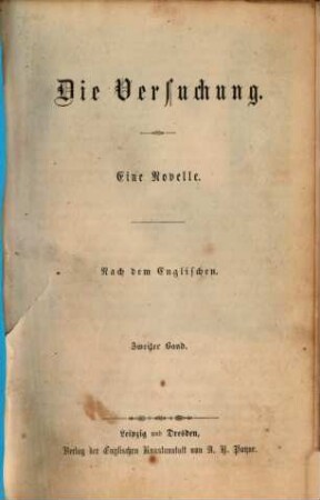 Die Versuchung : Eine Novelle. Nach dem Englischen, 2