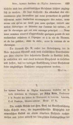 449-454 [Rezension] Nève, Félix, Les hymnes funèbres de l'Eglise Arménienne