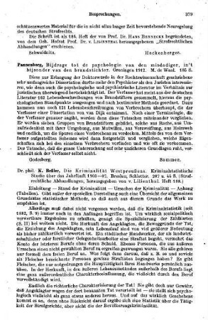 379, Pannenborg. Bijdrage tot de psychologie van den misdadiger, in't bijsonder van den brandstichter. 1912