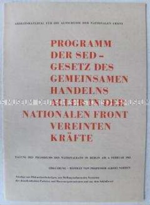 Arbeitsmaterial der Nationalen Front von der Nationalratstagung zum Programm der SED