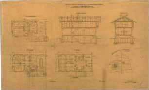 Thiersch, Friedrich von; Unterschondorf am Ammersee (Bayern); Landerziehungsheim Lohmann - Grundriss UG, Grundriss EG, Grundriss 1. OG, Längsschnitt, Querschnitt, Lageplan