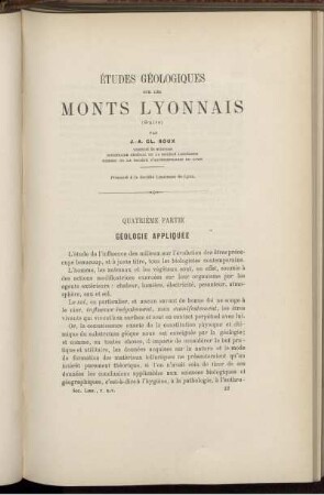 Etudes Geologiques sur les Monts Lyonnais