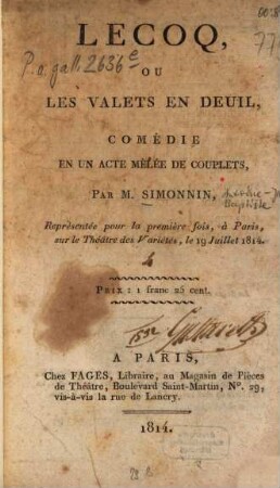Lecoq, ou les valets en devil : Comédie en un acte mêlée de couplets