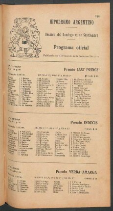 Hipódromo Argentino - Reunión del Domingo 13 de Septiembre [de 1908] - Programa oficial