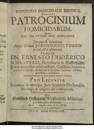 Disputatio Inauguralis Iuridica, Exhibens Patrocinium Homicidarum
