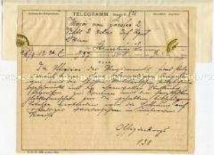 Telegramm des Offizierkorps des 2. Ostasiatischen Infanterieregiments an Sigismund von Förster mit Glückwünschen zur Verleihung des Ordens Pour le Mérite