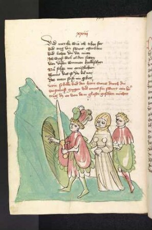 Eneas beleuchtet mit seinem Schwert für die Sibylle und einen Begleiter das Höllentor