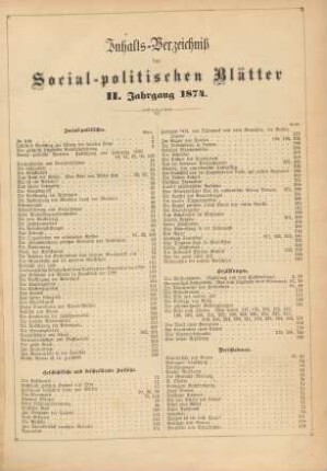 Inhalts-Verzeichniß der Social-politischen Blätter II. Jahrgang 1874.