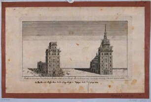 Zwei Ansichten der alten Kreuzkirche in Dresden, vor der Zerstörung durch die preußischen Truppen während des Siebenjährigen Krieges 1760 und danach mit zerstörtem Langhaus und Turm