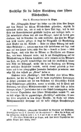 Vorschläge für die äußere Einrichtung einer höhern Mädchenschule
