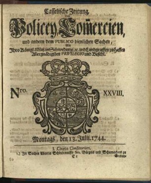 Nro. XXVIII, Montags, den 13. Julii 1744