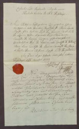 Taufzeugnis des Grafen Wilhelm Joseph von Goldstein.