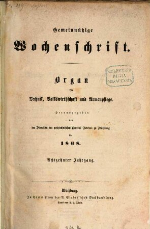 Gemeinnützige Wochenschrift : Organ für Technik, Volkswirthschaft u. Armenpflege. 18. 1868