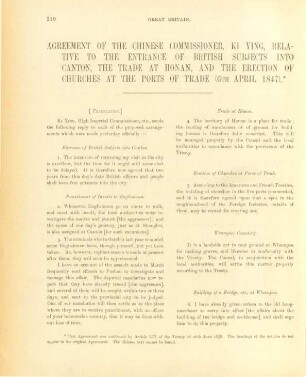 Agreement of the Chinese commissioner, Ki Ying, relative to the entrance of British subjects into Canton, the trade at Honan, and the erection of churches at the ports of trade