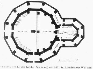 Ettal, Abtei-, Pfarr- und Wallfahrtskirche St. Maria, Grundriss des gotischen Vorgängerbaus