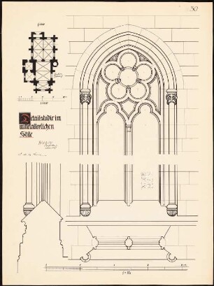 Detailstudie im mittelalterlichen Stile: Fenster und Raumfolge. Grundriss, Ansicht, Schnitte