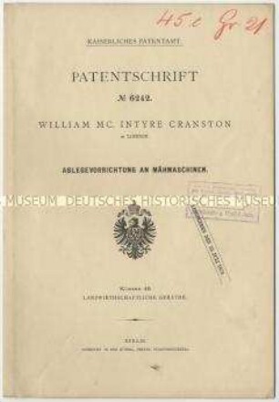 Patentschrift einer Ablegevorrichtung an Mähmaschinen, Patent-Nr. 6242