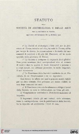 Statuto della Società di archeologia e belle arti per la provincia di Torino approvato nell'adunanza del 25 febbraio 1902