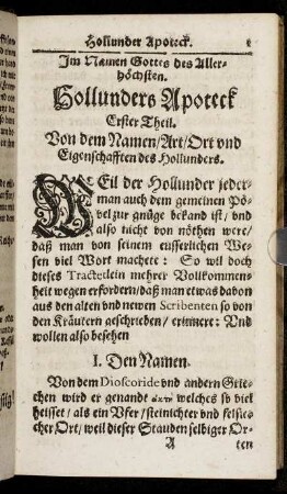 Erster Theil. Von dem Namen/ Art/ Ort und Eigenschafften des Hollunders.
