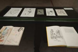 Ausstellung Dieter Goltzsche: Blätter zur Literatur : Vitrine mit Illustrationen, u. a. zu "Zaubersprüche" von Sarah Kirsch